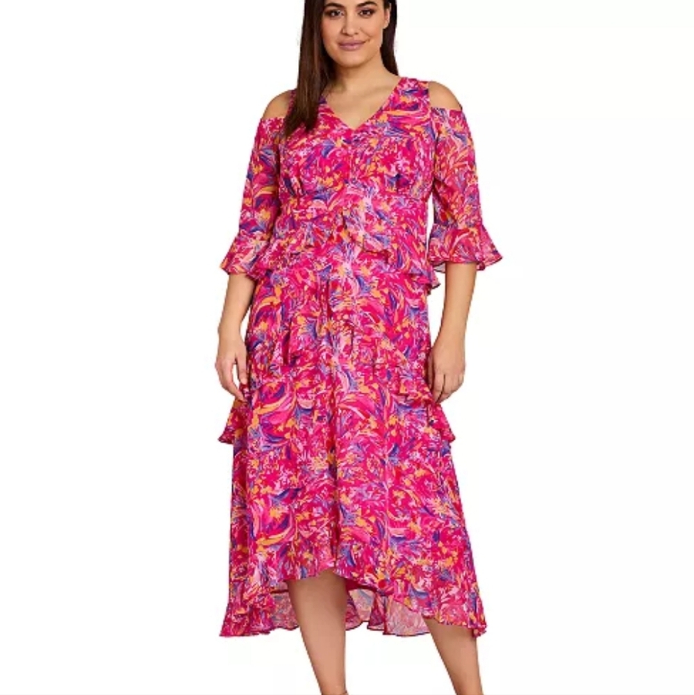Tahari Cold-Shoulder Tiered Ruffled Maxi Dress Sz 14W